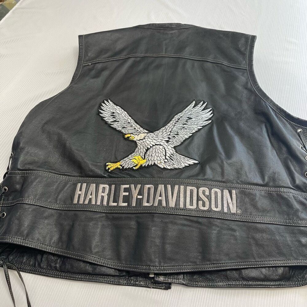 Harley Davidson Black Leather Embroidered Eagle Vest Size XXL Regular